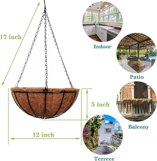 Hanging Baskets for Plants Outdoor(12 inch 4 Pack)- Coconut Coir Hanging Planters Outdoor,Metal Wire Baskets with Coco Liner, Hanging Pots for Plants Indoor, Flower Pots for Railings