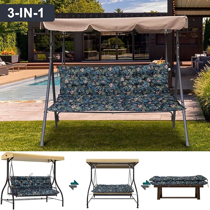Outdoor Swing Cushions 3 Seater Waterproof, Replacement Bench Cushions for Outdoor Patio Furniture with Backrest, Porch Swing Cushion with Ties for Lawn and Garden (Hummingbird, 40x40in)