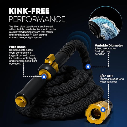TITAN Flexible Garden Hose 25FT – Ultra Lightweight, Heavy Duty Water Hose with Brass Fittings & Jet Nozzle – Kink-Free, Non-Expanding, Durable Fabric Hose for Yard, Lawn, Car Wash, Outdoor Use