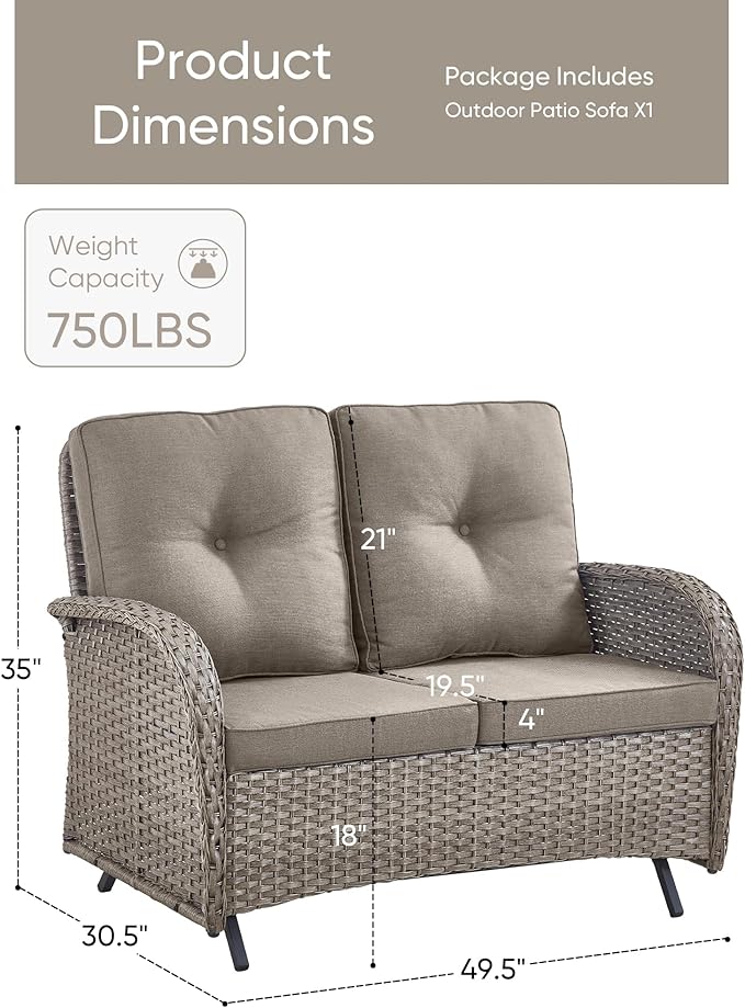 HUMMUH 2-Person Outdoor Glider Bench-All-Weather Wicker Patio Double Swing Rocking Chair Patio Loveseat for Deck Lawn Porch Balcony Poolside-Grey/Grey