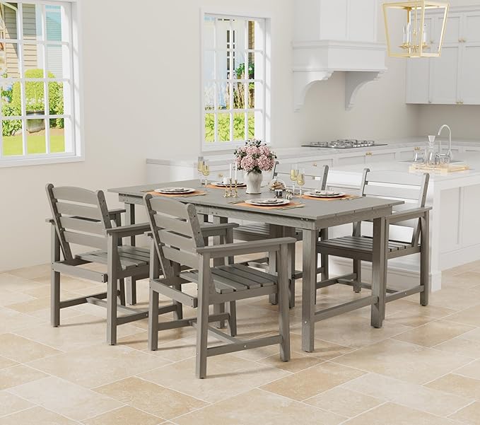 Anbuy Patio HDPE Dining Table Set, 5-Piece Outdoor Dining Table Sets, 2 in 1 Outdoor Furniture Table and 4 Outdoor Chairs for Garden, Backyard, Poolside, Easy Assembly, Grey
