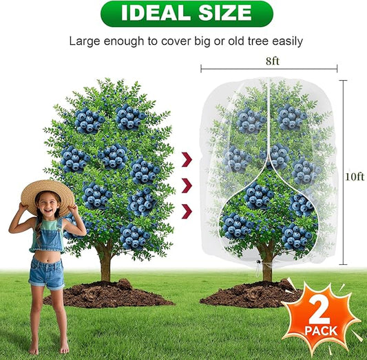 2 Pack Large Fruit Trees Netting 8ftx10ft with Zipper&Drawstring Garden Birds Net Mesh Insect Netting Plant Covers Protection Bags for Blueberry Bushes Shrubs Vegetables Flowers Herbs