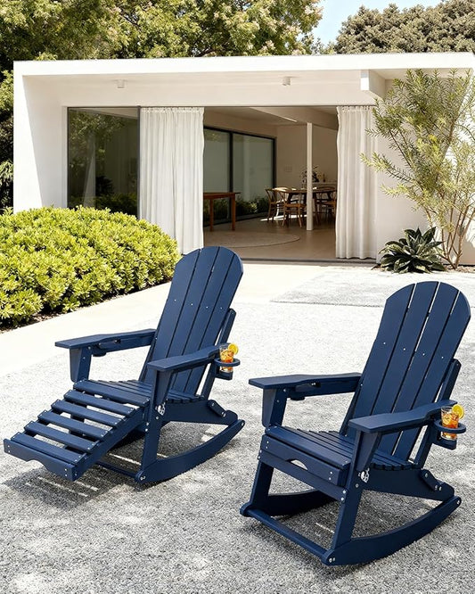 Adirondack Rocking Chairs Set of 8 with Retractable Ottoman, All Weather Folding Adirondack Chair with Two Cup Holders, Adirondack Outdoor Rocking Chairs for Porch, Patio, Balcony. Navy Blue