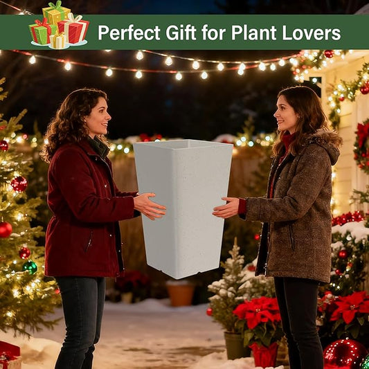 Set of 2 Tall Planter, 21 inch Large Plastic Planter with Drain Hole & Saucers, Large Outdoor Planters for Porch, Garden, Patio, Balcony(Gray Dot)