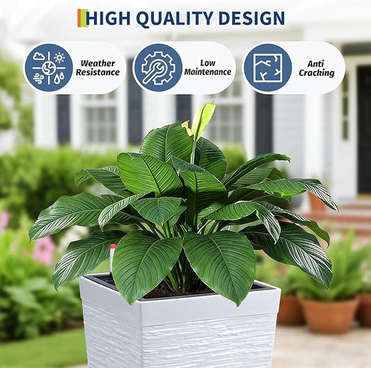 Garvee 16" Tall Planters Set of 2, Self Watering Tall Planters, Outdoor&Indoor Planter Pots, High Front Porch Planters Pots with Drainage Holes&Water Level Monitor, White