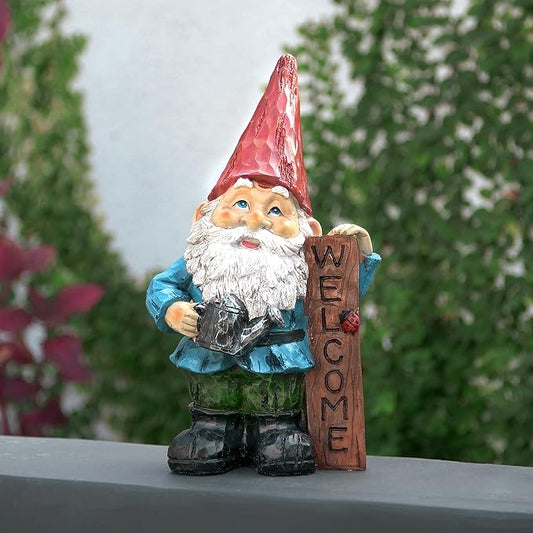 Alpine Corporation 12" Tall Welcome Outdoor Garden Gnome Yard Statue Decoration