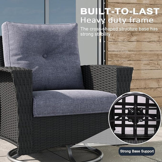 LayinSun 3 Piece Wicker Patio Furniture Set, Classis Outdoor Conversation 360 Degree Swivel Chairs Set with Coffee Table
