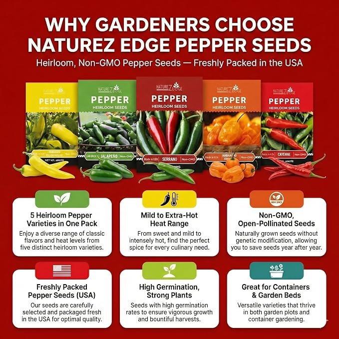 Hot Pepper Seeds for Planting, Cayenne, Hungarian Yellow, Jalapeno, Serrano, Habanero Orange, Heirloom Pepper Seeds Variety Pack, NonGMO, Made in USA