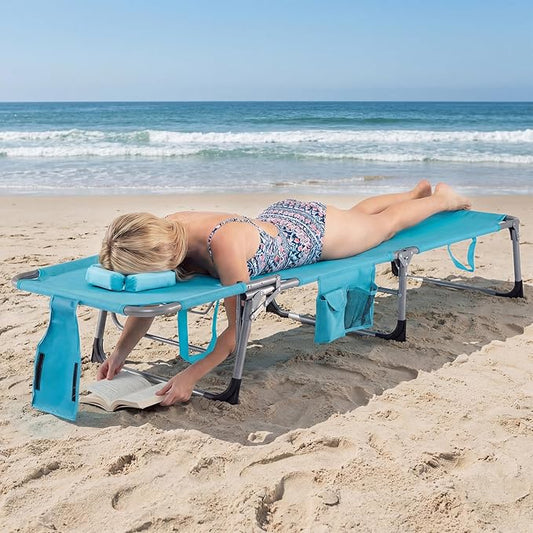 COSTWAY Tanning Chair with Face Hole, Folding Beach Lounge Chair | 4-Position Adjustable Backrest, Pillow & Side Pocket for Sunbathing, Camping (Turquoise)