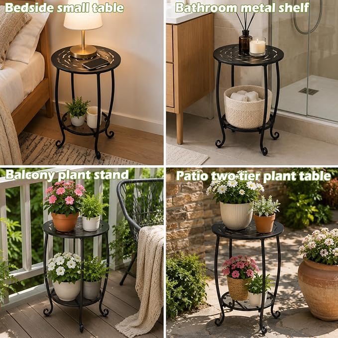 2-Tier Metal Round Side Table Set of Two Black Accent Coffee Tables Small Space Corner Plant Stand Shelf for Indoor Outdoor Porch Patio Balcony Living Room End Table with Storage Weather-Resistant