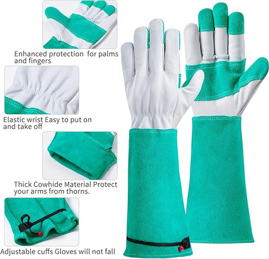 Gardening Gloves, Rose Pruning Gloves Thorn Proof, Long Cowleather Gauntlet Yard Work Gloves with Adjustable Cuffs