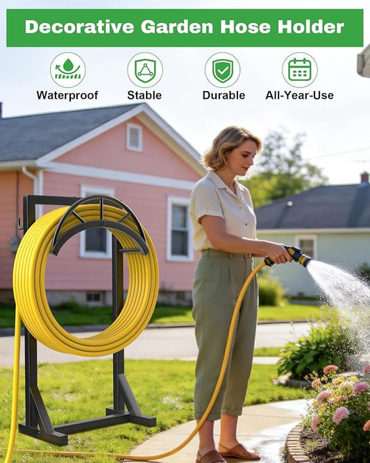 Garden Hose Holder and Hanger, Metal Water Hose Storage Stand, Upgraded Freestanding Water Hose Organizer Rack with 2 Tool Hooks for Outdoor Yards, Farms and Lawns, Black