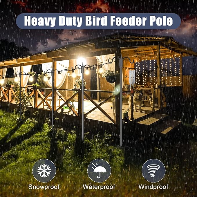 Gtongoko Squirrel Proof Bird Feeder Pole, 108 Inch Double Shepherds Hook with 19 Inch Squirrel Baffle, Heavy Duty Adjustable Outdoor Bird Feeder Stand with 5-Prong Base for Garden, Plants, Black