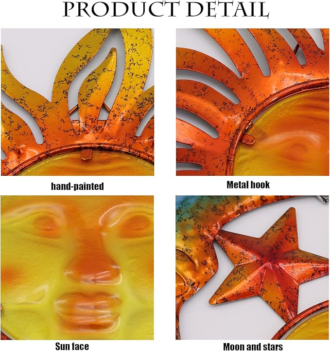 Sun Face Metal Wall Art Décor Outdoor Indoor, Sun Moon Star, Metal Glass Hanging for Garden Sun Face Sculptures & Statues Statues Wall Art for Farmhouse, Patio, Garden Decoration(3 Pack)