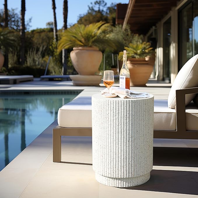 LuxenHome Cream Cement Round Outdoor Side Table, Set of 2