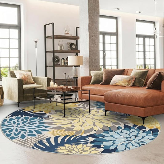 Colorful 6FT Outdoor Round Area Rug Washable Rugs Multicolored Patio Rug Tropical Botanical Floral Chenille Waterproof Outdoor Carpet for RV, Pool Deck, Backyard, Porch, Ocean Dahlia
