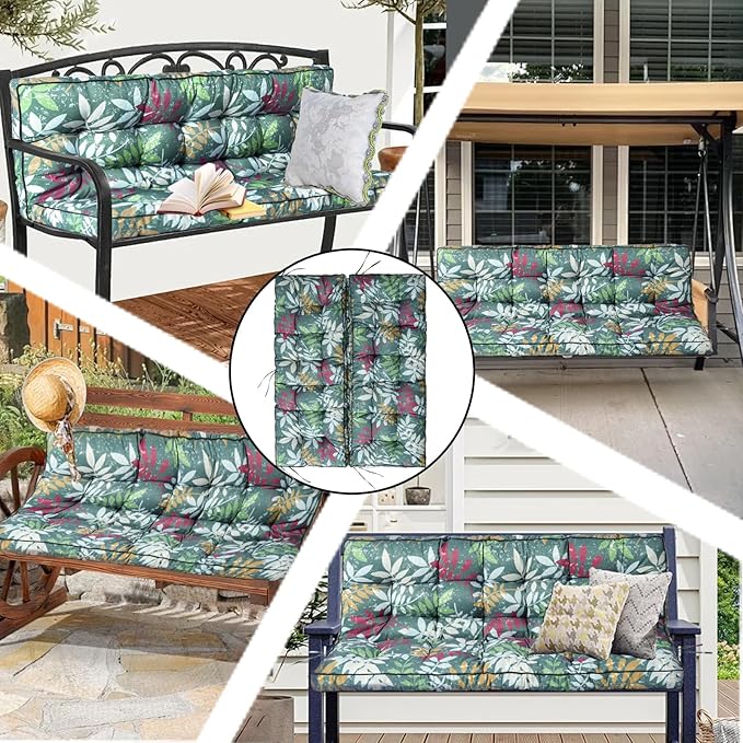 Porch Swing Cushion Three Seat, Waterproof Swing Cushions Replacement with Backrest, Outdoor Garden Furniture Patio 4" Thickened Cushions with Ties (Green Flowers, 40 x 55in)