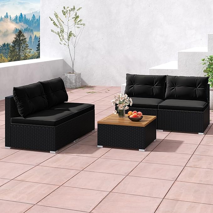RELAX4LIFE 5-Piece Wicker Outdoor Furniture - PE Rattan Sectional Conversation Set w/4 Armless Sofas & Acacia Wood Coffee Table, Cushioned Patio Sofa Set for Garden Poolside Backyard Porch (Black)