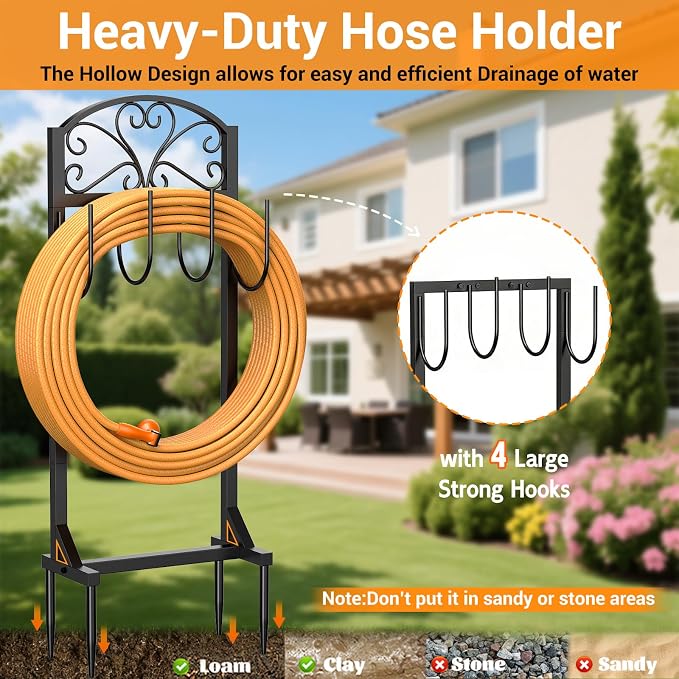 Garden Hose Holder for Outside - Freestanding Metal Water Hose Holder Stand Holds 151ft, Heavy Duty Garden Hose Storage Hanger Rack for Outdoor Yard Patio