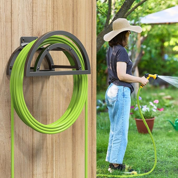 OLV Hose Holder Wall Mount, Outdoor Water Hose Holder Holds 125-ft Hose, Heavy Duty Metal Detachable Hose Hanger Reel Storage Organizer, Hose Rack for Outside Garden Lawn Yard Farm, Black