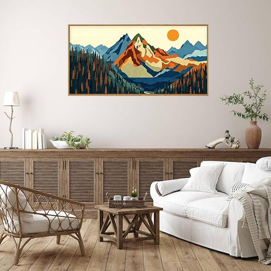 FWIEXA Vintage Mountain Framed Canvas Wall Art Set, Boho Sunrise Wall Prints, Abstract Nature Forest Artwork, Retro Lake Sunset Painting, 20x40 Inches Modern Rustic Decor for Living Room, Bedroom, Office