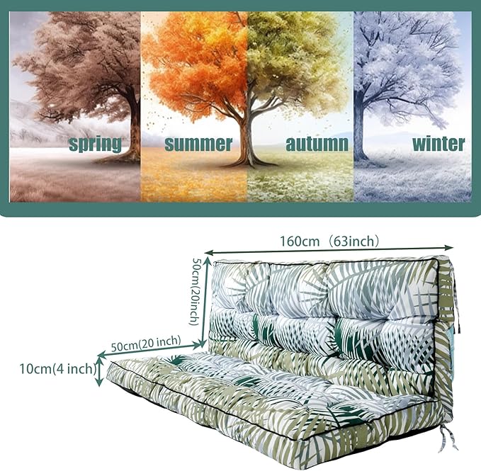 Replacement Cushions for Swing, Swing Cushions 3 Seater Replacement, Waterproof Thicken Washable Pad Cushion for Outdoor Indoor Furniture Swing Patio (Bamboo Leaf, 40x63 inch)
