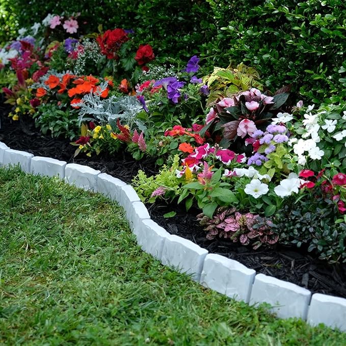 EasyFlex No-Dig Landscape Edging with Anchoring Spikes, 2.7 in. Tall Decorative Stone-Look Garden Border, 60 Foot Kit, Light Gray