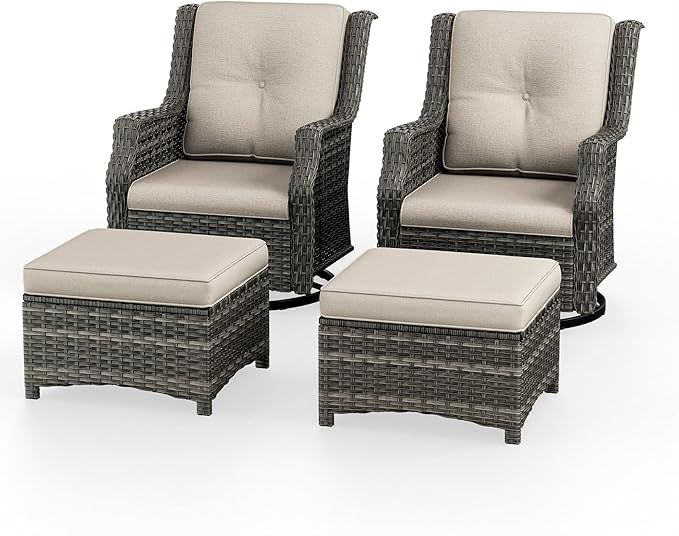 4 Piece Patio Furniture Set, 2 Swivel Glider Chairs and 2 Ottomans PE Wicker Footstool, Outdoors Rattan Conversation Set with Deep Seating and Olefin Cushions, for Backyard, Garden, Beige