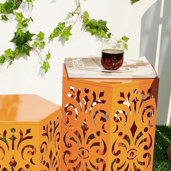 Glitzhome Outdoor Side Tables Set of 2 Decorative Garden Stools,Heavy Duty Metal Cutout Floral Pattern Hexagonal Modern End Table Plant Stand Accent Table, Orange