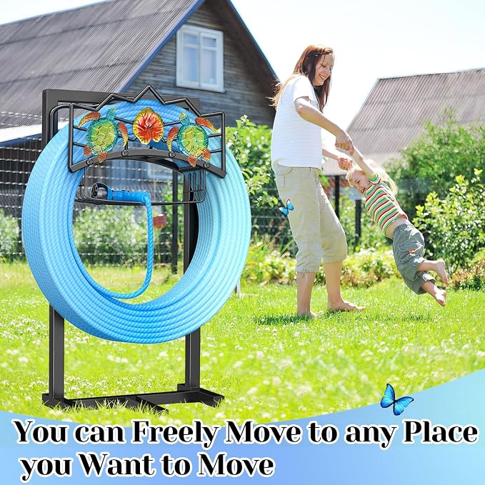 Garden Water Hose Holder with 5 Spikes, Upgraded Freestanding Heavy Duty Hose Hanger Holds 150-feet Hose, Sturdy Hose Stand Storage Rack for Outside Yard Lawn (Black - Turtle)