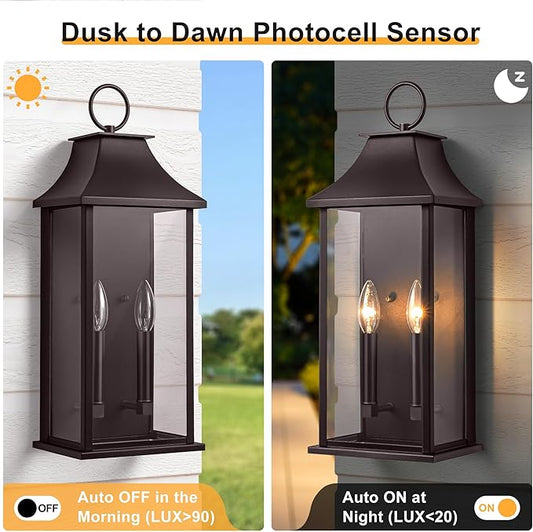 Dusk to Dawn Outdoor Wall Sconces 2-Light, 20.6" Large Outside Wall Sconce, Bronze Wall Light Fixture with Glass, Waterproof Exterior Lamp for House, Porch, Garage