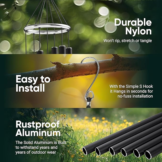 Nature’s Melody Aureole Tunes Wind Chimes – Outdoor Windchime with 6 Tubes Tuned to C Pentatonic Scale, 100% Rustproof Aluminum, Powder Finish & S Hook Hanger for Sympathy, Memorial Gift or Zen Garden