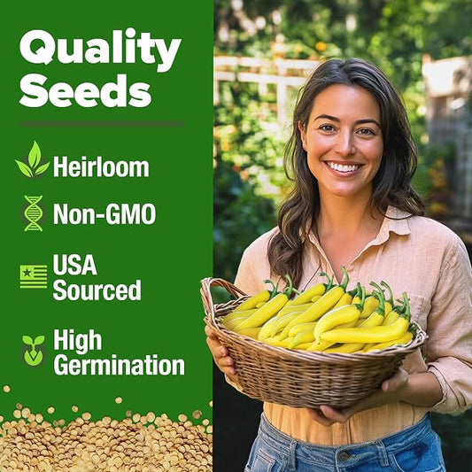 HOME GROWN Sweet Banana Pepper Seeds 188+ Heirloom Non-GMO Seeds for Planting, High Germination, Mild Yellow Sweet Peppers, Prolific Garden Crop, Perfect for Pickling & Salads (Capsicum annuum)