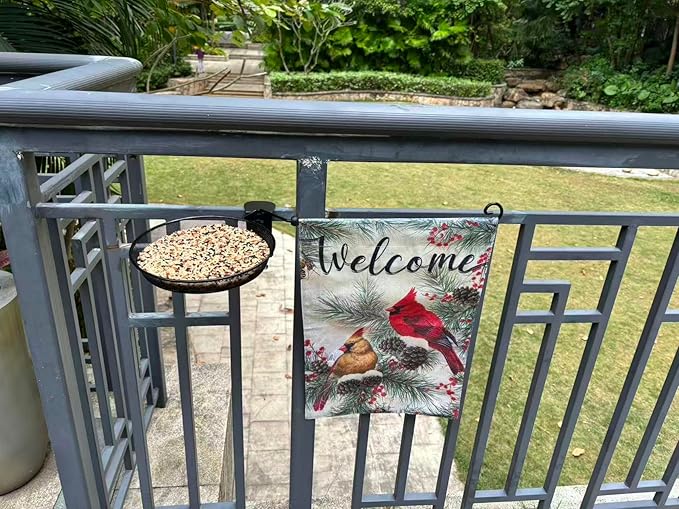 Railing Bird Feeder with Cardinal Flag for Balcony/Deck/Porch 8" Platform Bird Seed Tray and Garden Flag Handrail Mount Metal Mesh Feeder for Wildbird Feeding