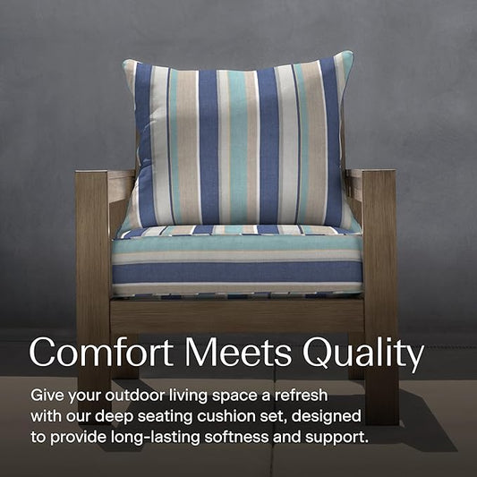 Honeycomb Outdoor Deep Seat, 24 x 23, Stripe Blue & Beige Chair Cushion for Patio Furniture