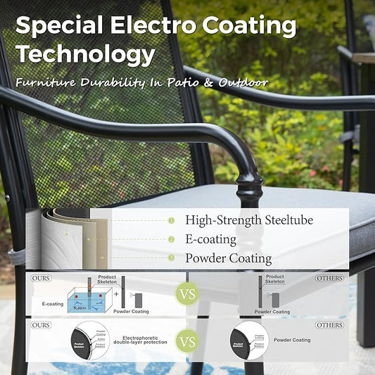 5 Piece Patio Metal Dining Set, Outdoor Table and Chairs for 4, Powder-Coating Steel Chairs with 4" Thickened Cushions, 42" Square Wood Grain Table with 1.57" Umbrella Hole for Deck Backyard