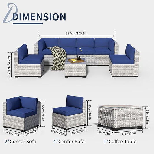 7-Piece Outdoor Sectional Patio Furniture Set, All-Weather Wicker Rattan Sofa w/Thick Washable Cushions & Tempered Glass Table, Perfect for Garden, Poolside, Backyard (7, Graywhite&Navy Blue)