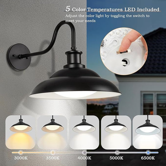 Outdoor LED Barn Light, 16 Inch Dome Large Farmhouse Exterior Wall Light Fixture with Adjustable Color Temperature, Modern Black White Wall Sconce Outside for House Garage Doorway, 1 Pack