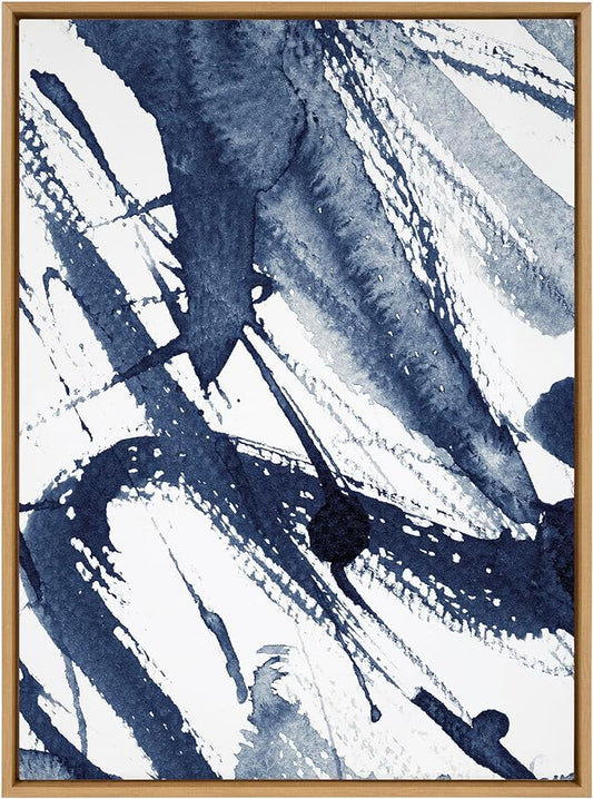 Kate and Laurel Sylvie Indigo Watercolor Framed Canvas Wall Art by Amy Peterson, 31.5x41.5 Natural, Modern Blue Abstract Art for Wall