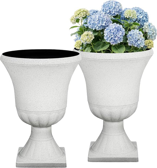 22" Urn Planters Outdoor Planter for Plants Set of 2 Timeless Plastic Large Flower Pot with Drainage Hole Terrazzo White Garden Pots for Porch, Patio Christmas Decor