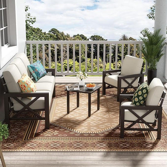 NATURAL EXPRESSIONS 4 Pieces Patio Furniture Set, Outdoor Furniture Sofa Sectional Modern Metal Patio Conversation Set with High Back Backrest & 3 Seater Loveseat and 2 Fixed Chairs