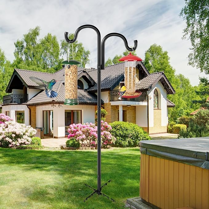 Double Shepherds Hooks for Outdoor, 76" Heavy Duty Bird Feeder Pole with 5 Prong Base, Adjustable Shepherds Hook for Bird feeders Outside, Garden, Weddings, Hanging Plants, 1 Pack, Black