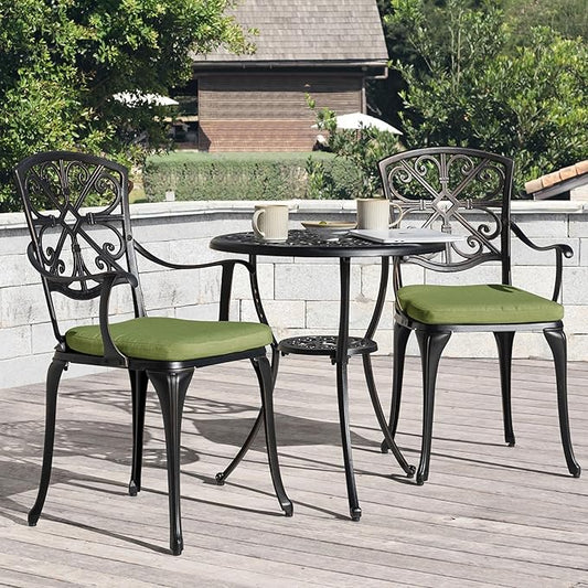 NUU GARDEN 3-Piece Outdoor Bistro Set with Cushions, Round 24 Inch Cast Aluminum Round Table with 1.77" Umbrella Hole and 2 Cast Aluminum Armchairs with Cushions, Black with Gold-Painted Edge