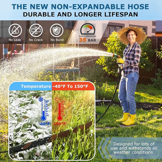 Non-Expanding Garden Hose 100 ft, Kink Free Flexible Water Hose with 10-Pattern Spray Nozzle, Lightweight Hose Pipe, Leak Proof, 3/4" Swivel Connectors, Super Fabric, Portable Storage Strap