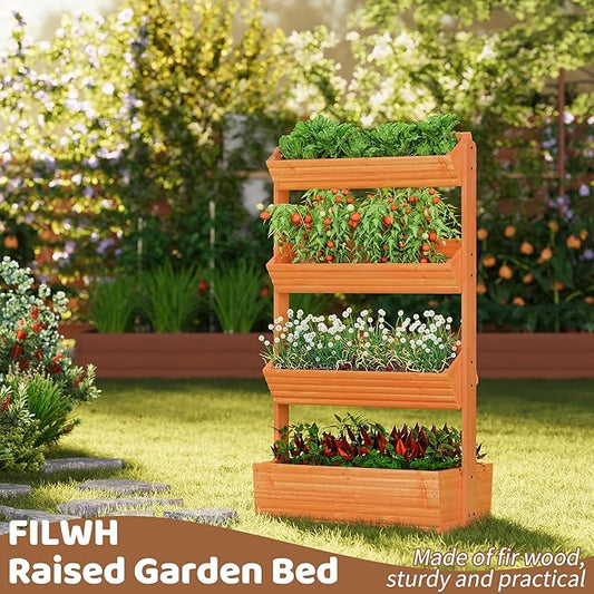 FILWH Wooden Raised Garden Bed Vertical Planter Box, Freestanding Plant Stand for Indoor Outdoor Plants, Herbs, Flowers, Vegetables, Gardening (Reddish Brown, 4-Tier,29.9 x 17.9 x 55in)