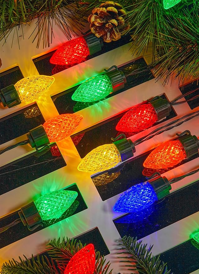 Solar Christmas Lights Outdoor, 50 LED C9 Strawberry String Lights with Timer & 8 Light Mode, Waterproof Solar Christmas Tree Lights for Outside Garden Patio Party Christmas Decoration, Multicolor