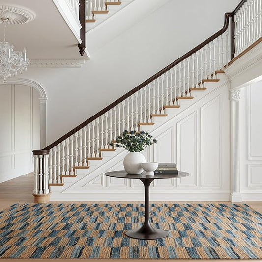 Dash & Albert Ravel Stripe Blue Machine Washable Rug, 7.5 X 9.5 Feet, Tan/Blue Stripe Pattern