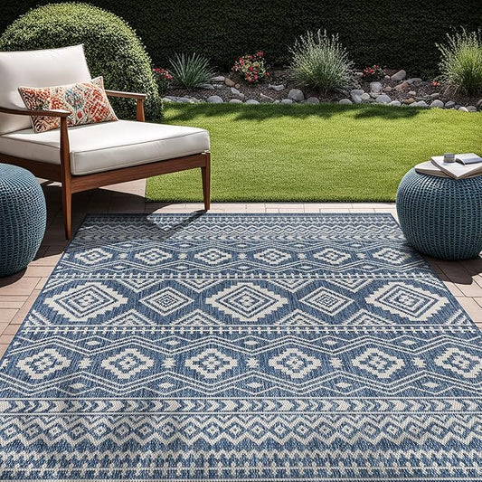 Beverly Rug Waikiki Boho Indoor Outdoor Rug 9x12, Washable Outside Carpet for Patio, Deck, Porch, Bohemian Area Rug, Farmhouse Rugs, Aztec Tribal Rug, Azure and White