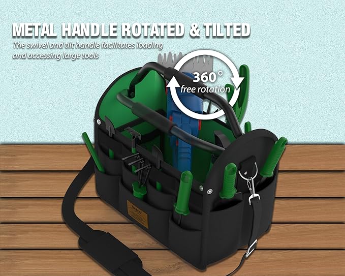 14 Inch Gardening Tool Bag with Stool, Waterproof Storage Tote, Foldable Metal Handle & Shoulder Strap, Relieve Fatigue