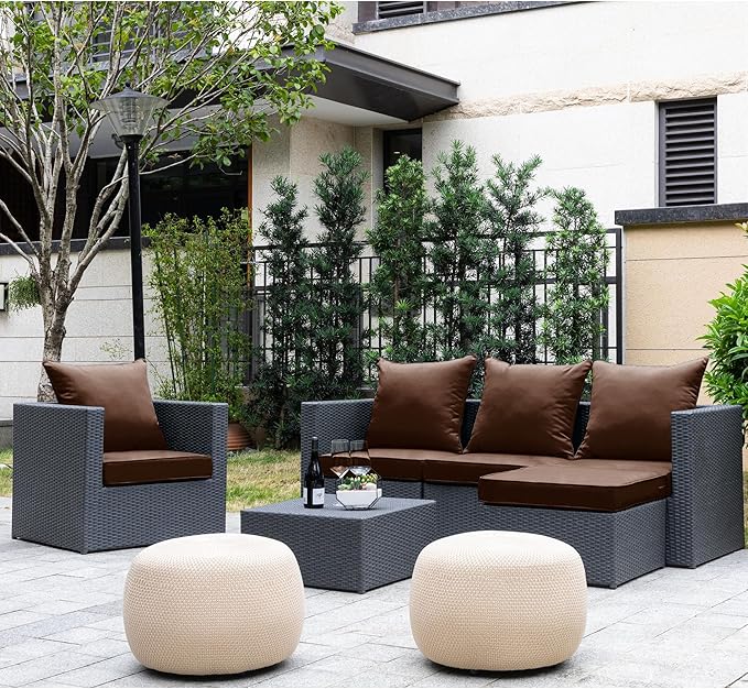 ARTPLAN Deep Seat Cushion with Backrest Set of 2 - All-Weather Outdoor Sofa Cushions for Sectionals-Polyester Fabric, Waterproof-High-Resilience Foam for Patio, Backyard Garden,Brown